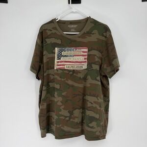 Denim & Supply Ralph Lauren Mens XXL Camo T-Shirt American Flag Patch Distressed